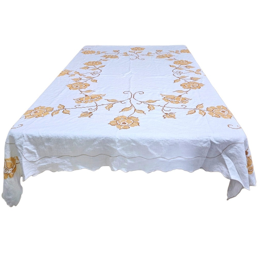 Vintage Hand-Embroidered Cross Stitch Tablecloth 71x52 Cottagecore Floral MCM